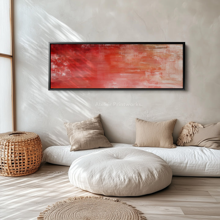 Abstracte rode lange horizontale wanddecoratie, panoramische wanddecoratie brede wanddecoratie