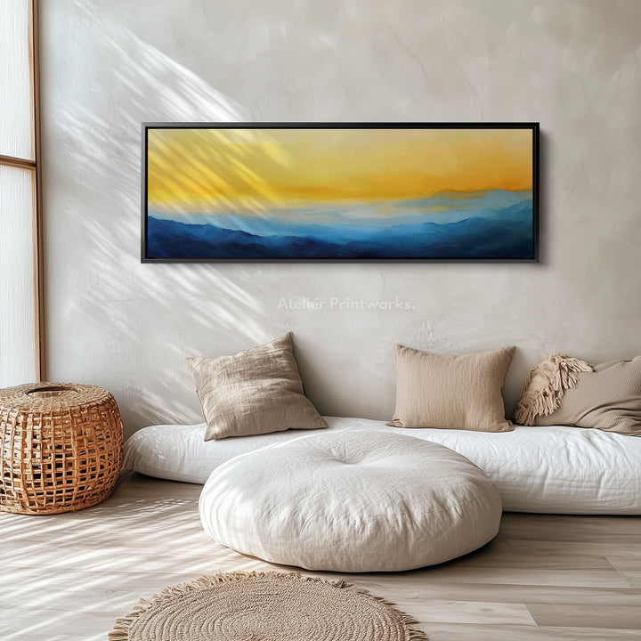 Abstract blauw en geel lang smal panoramisch wandkunst canvas