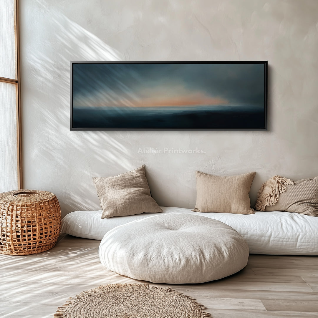 Abstracte zonsondergang boven bed lange smalle panoramische canvas wanddecoratie