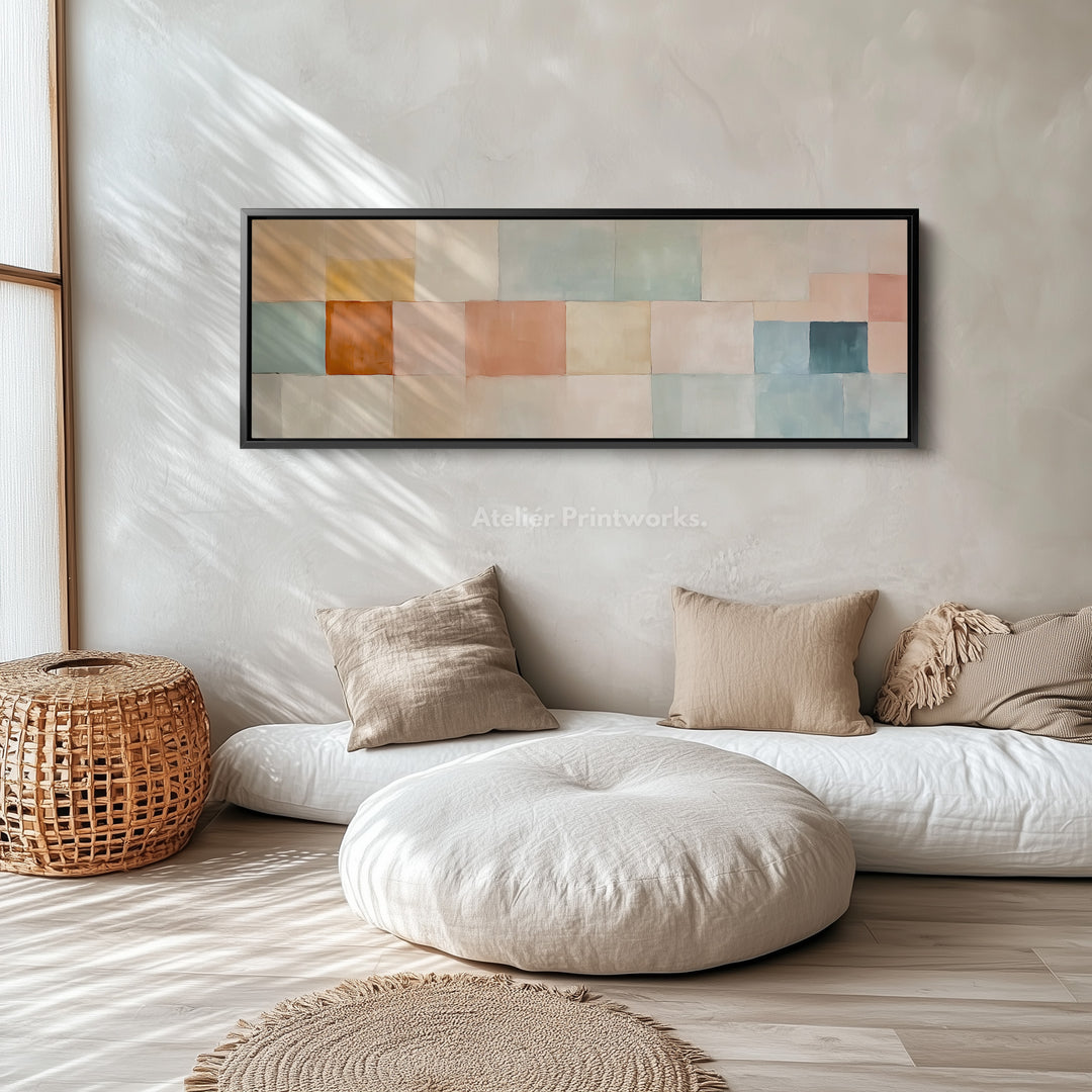 Abstract pastel lang ingelijst horizontaal canvas wanddecoratie