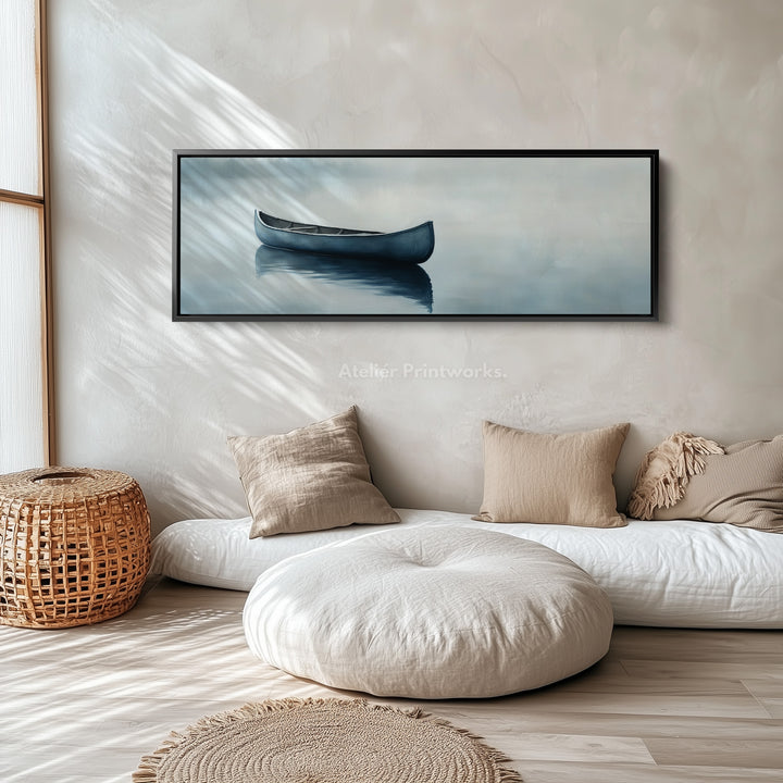 Misty Lake Kanoë Breed Gevoegd Boven Bed Muurkunst