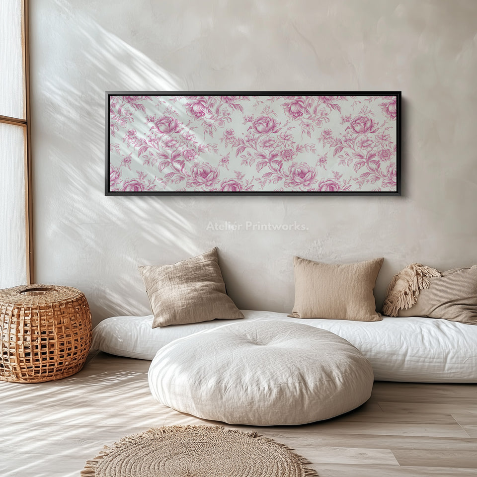 Above Bed Wall Decor Vintage Pink Floral long narrow wall art in a black frame, above the bed in a modern bedroom