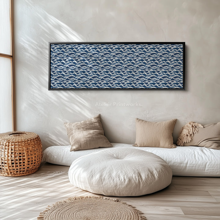 Horizontale wanddecoratie lange blauwe Japandi stijl golf