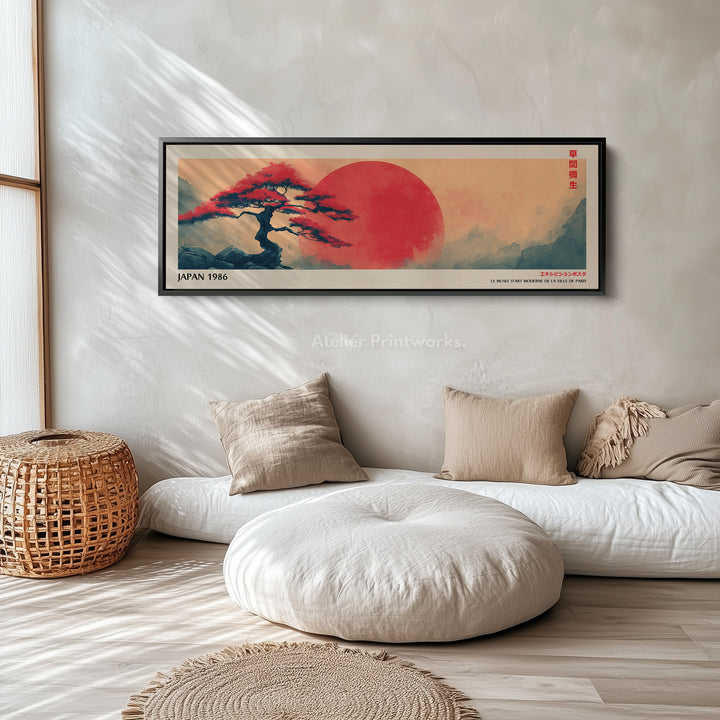 Red Sun and Bonsai – Long Narrow Japandi Wall Art Japanese Tree Landscape Canvas