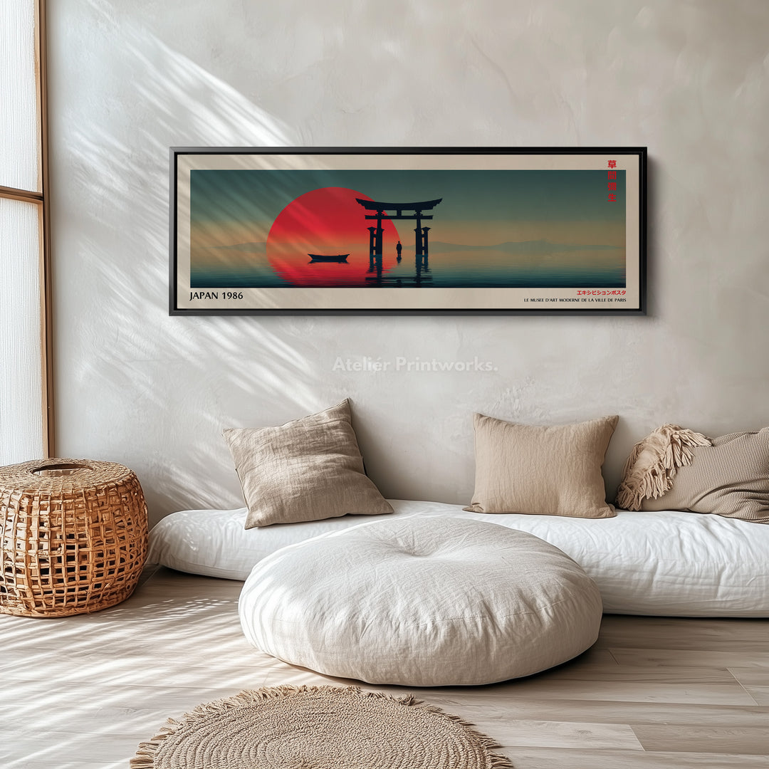 Torii Gate at Sunset – Long Narrow Japanese Wall Art - Tranquil Red Sun Canvas Print