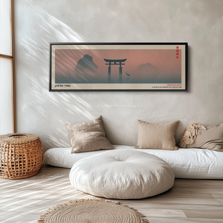 Torii Gate and Red Sun – Panoramic Japanese Wall Art - Long Narrow Tranquil Landscape Canvas