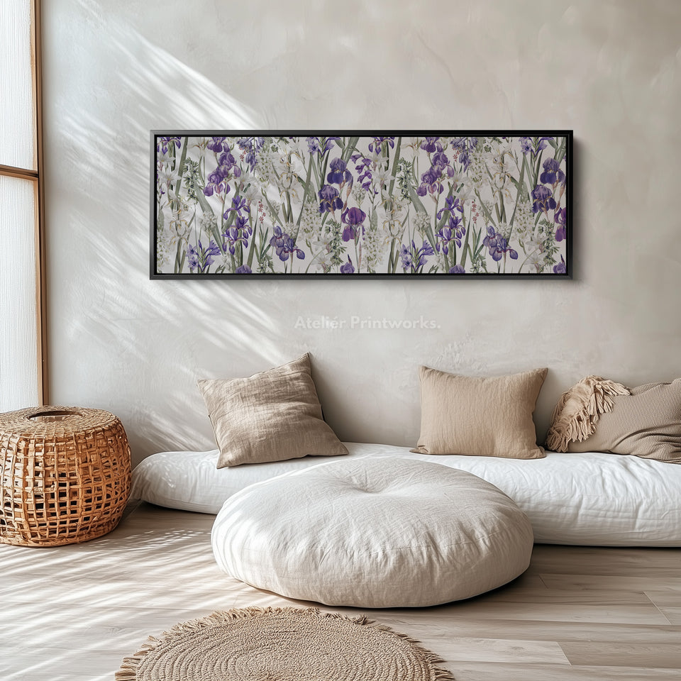 Lang gedurfd bloemrijk botanisch canvas in marineblauw en roze voor woonkamer