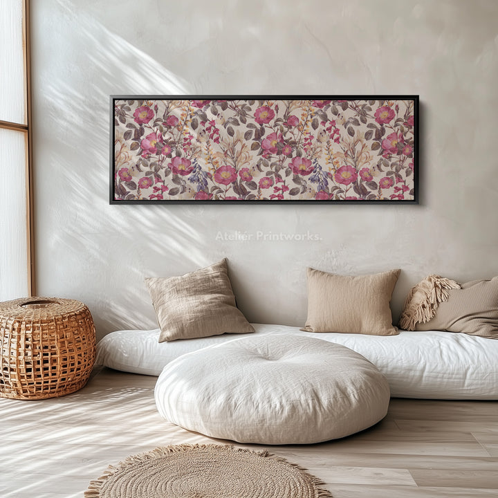 Horizontal wall art botanical floral repeat pattern with butterflies for living room or bedroom