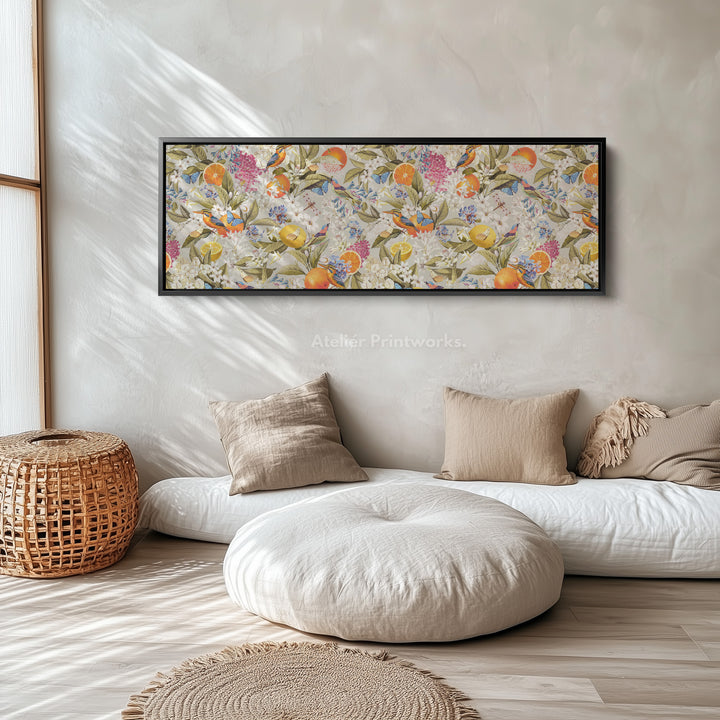 Wide wall art bright botanical with oranges butterflies and birds for living room or bedroom