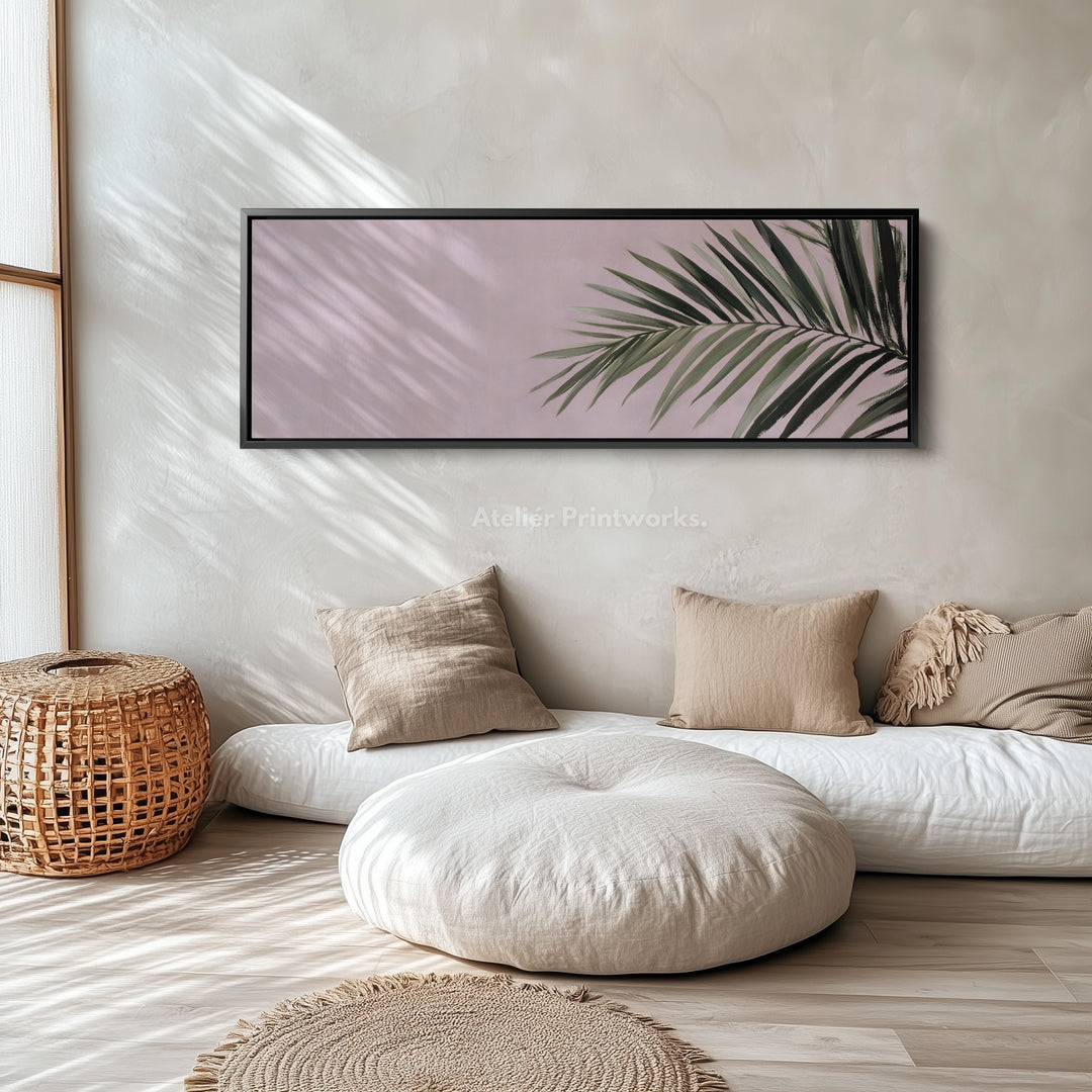 Panoramic wall art minimal palm leaf on soft pastel background for living room or bedroom