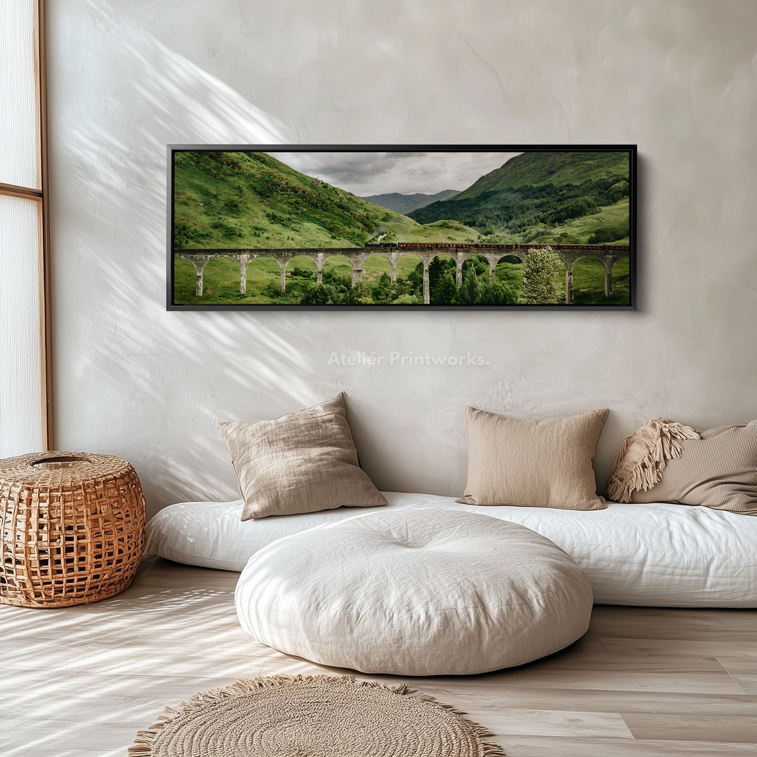 Long framed canvas train crossing glenfinnan viaduct in green highlands for living room or bedroom
