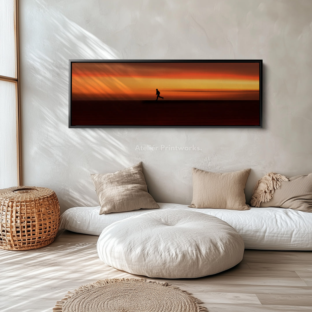 Horizontal wall art runner silhouette against intense sunset horizon for living room or bedroom