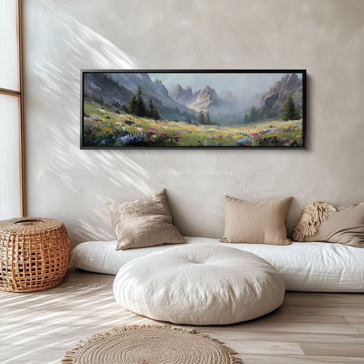 Long narrow canvas misty mountain meadow with wildflowers for living room or bedroom