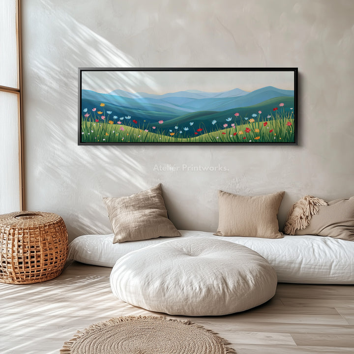 Horizontal Landscape Wall Art Green Blue Long Canvas Above Bed Scenic Nature Print
