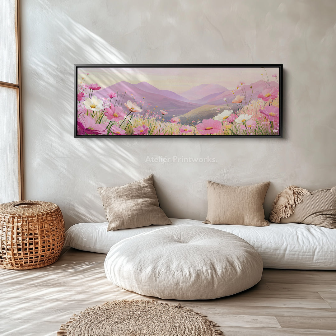 Horizontal Wall Art Pink Floral Meadow Long Canvas For Bedroom Or Living Room