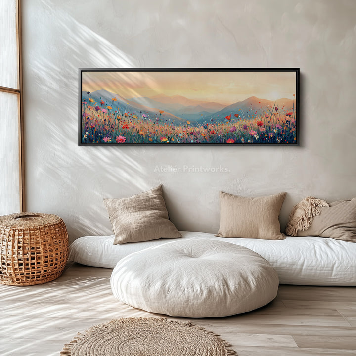 Wide Floral Horizon Long Canvas Above Bed Wall Art Pastel Meadow Landscape