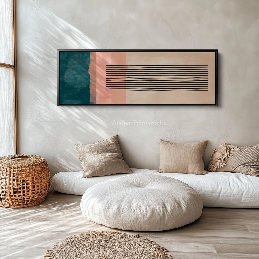 Panoramic Wall Art Teal Green And Coral Abstract Striped Design For Living Room
