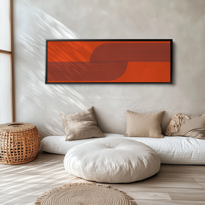 Panoramic Wall Art Orange And Navy Blue Mid Century Line Design For Living Room