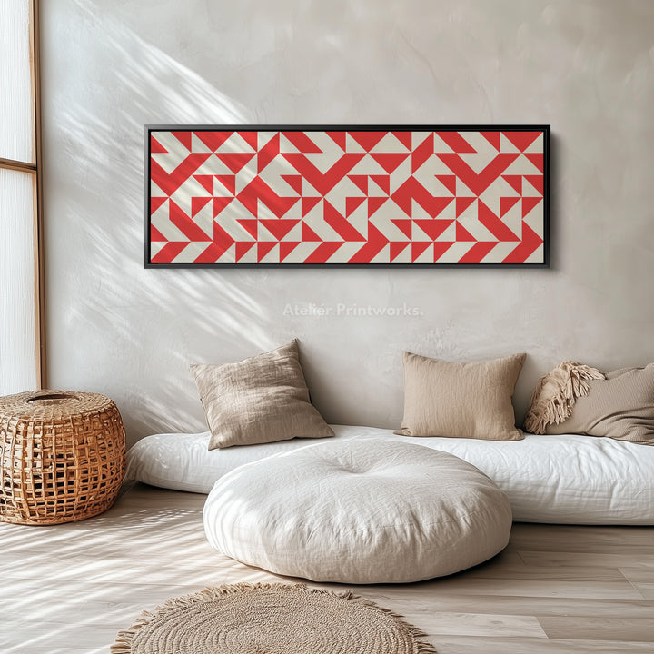 Horizontal Wall Art Red White Geometric Wide Canvas For Living Room