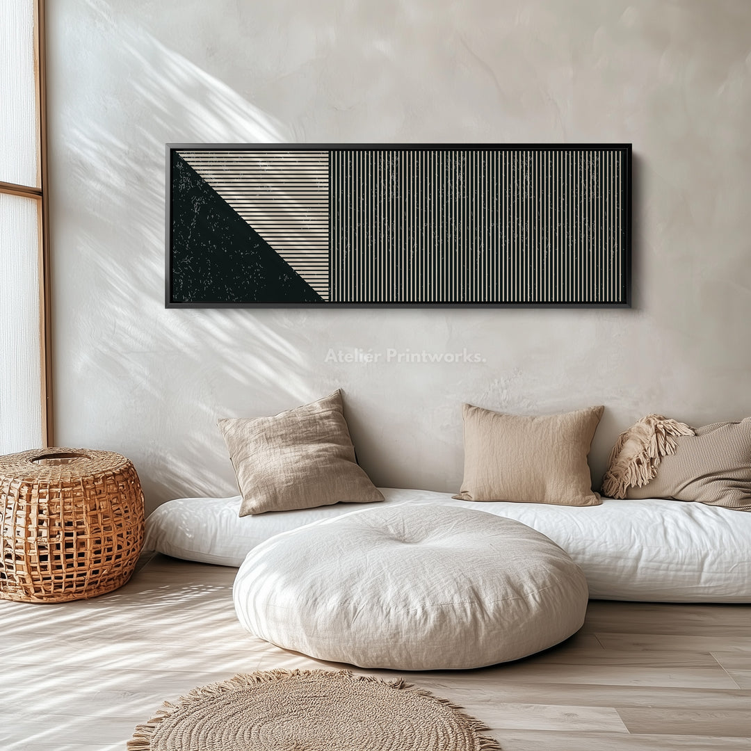 Wide Geometric Wall Art Beige Black Minimalist Long Canvas