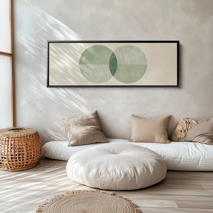 Panoramic Wall Art Dual Green Circles With Vertical Accents For Living Room