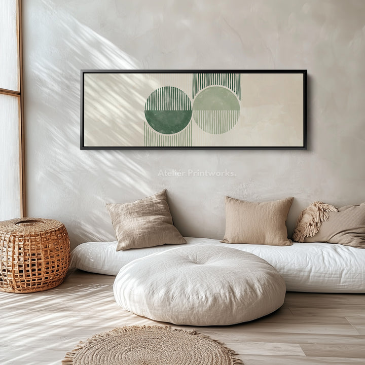 Long Framed Canvas Modern Green Circles With Textured Stripes For Living Spaces
