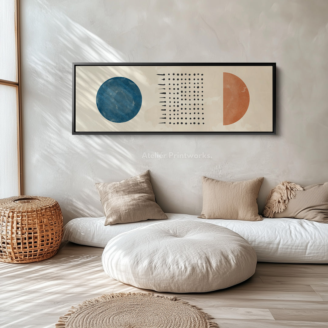 Long Narrow Canvas Blue And Orange Circles With Modern Dot Pattern