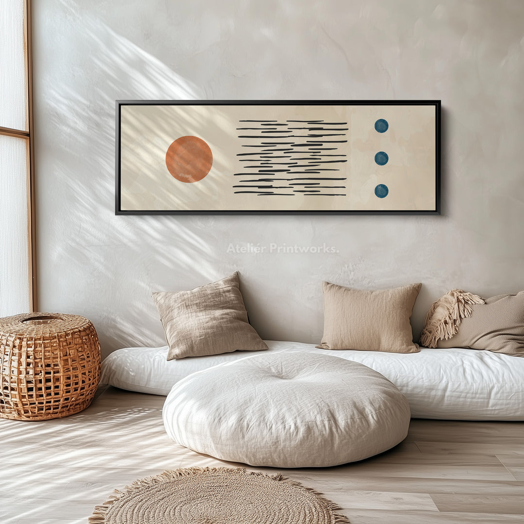 Wide Wall Art Orange And Blue Elements With Graphic Linework For Living Room