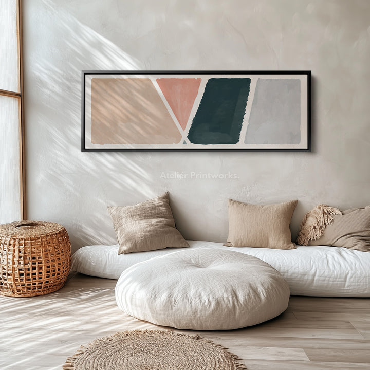 Long Narrow Canvas Modern Geometric In Beige Pink And Deep Green