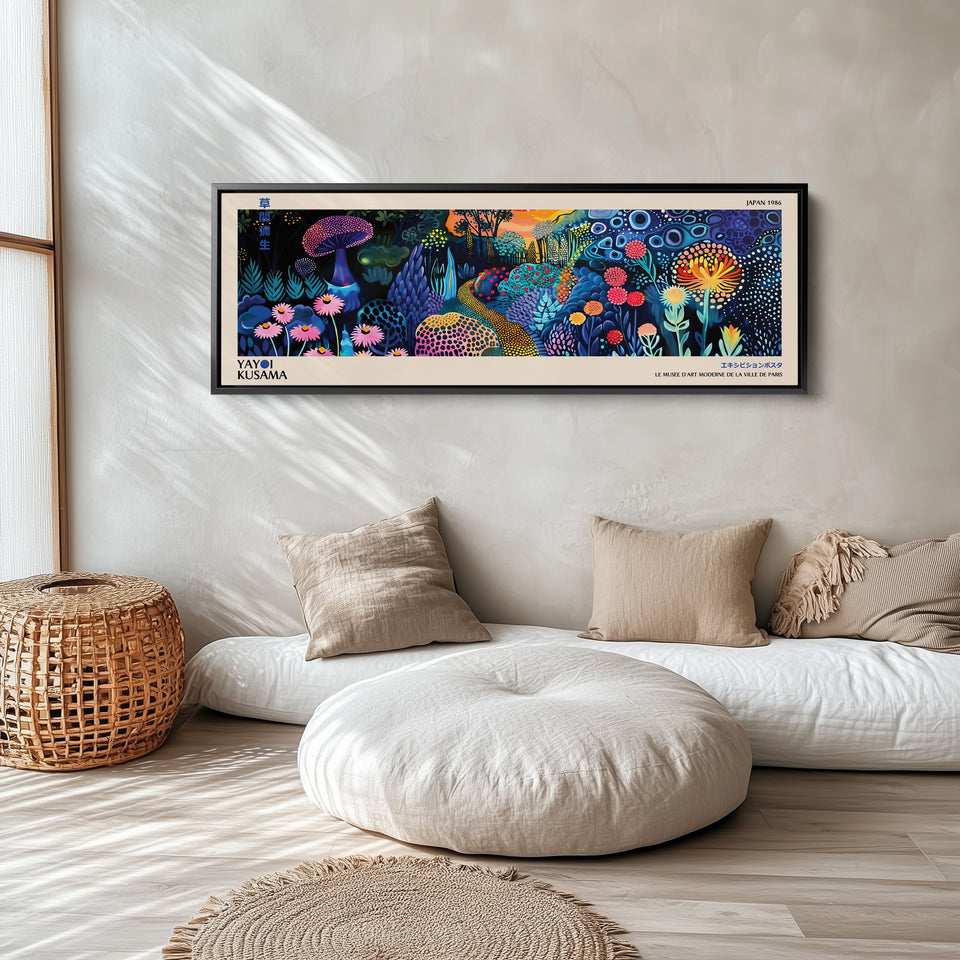 Yayoi Kusama Horizontal Wall Art Dotted Floral Landscape Long Canvas For Living Room