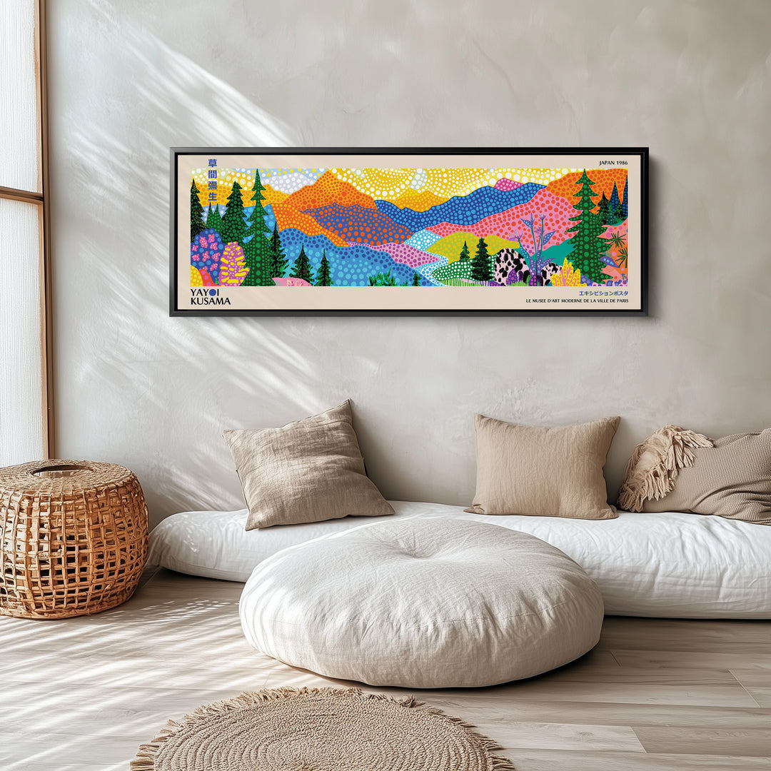 Yayoi Kusama Above Bed Wall Art Dotted Mountain Landscape Long Canvas For Bedroom
