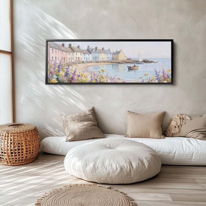 Panoramic Wall Art Pastel Seaside Cottages Long Canvas For Living Room