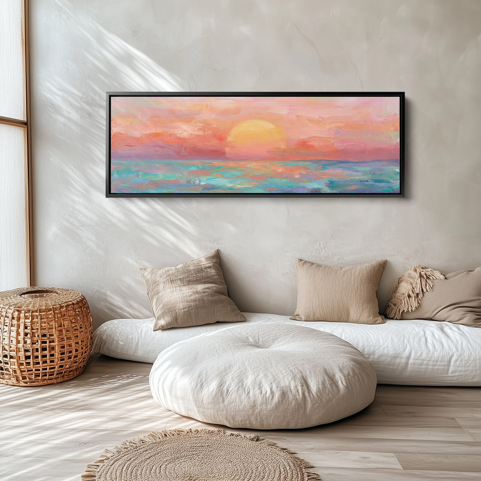 Wide Wall Art Pastel Ocean Sunset Long Canvas For Living Room