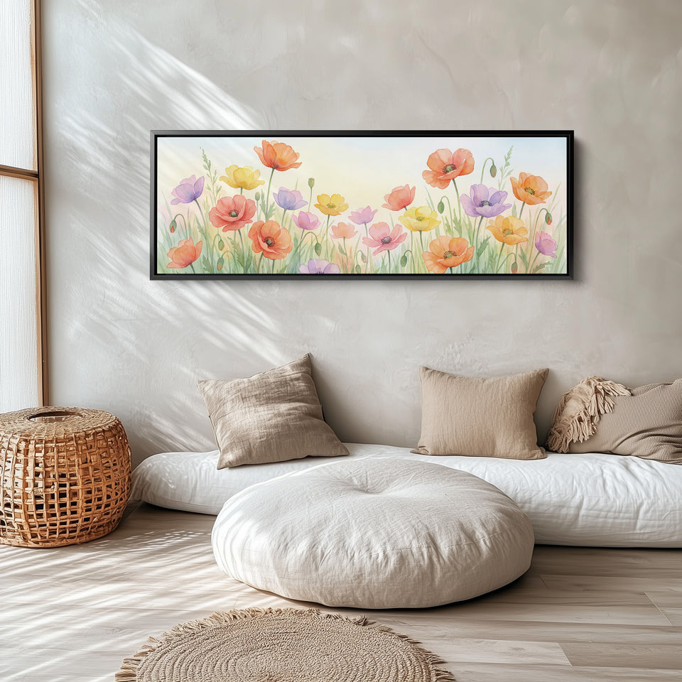 Long Narrow Canvas Soft Pastel Poppies Long Canvas For Bedroom