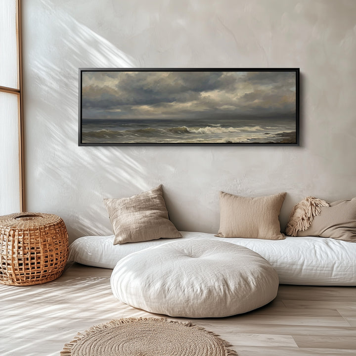 Long Wall Art Rolling Waves And Dark Sky Panoramic Canvas Print Living Room