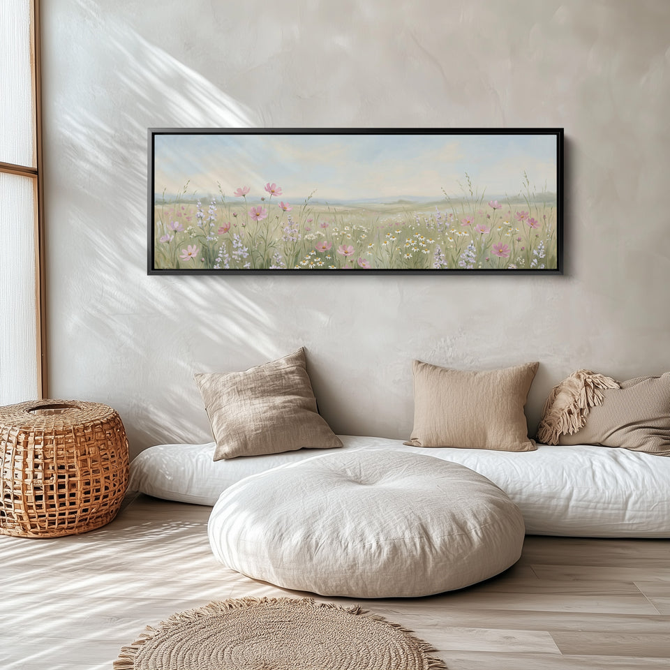 Wildflower Meadow With Pink Flowers Above Soft Wall Art Statement Wall Decor Office