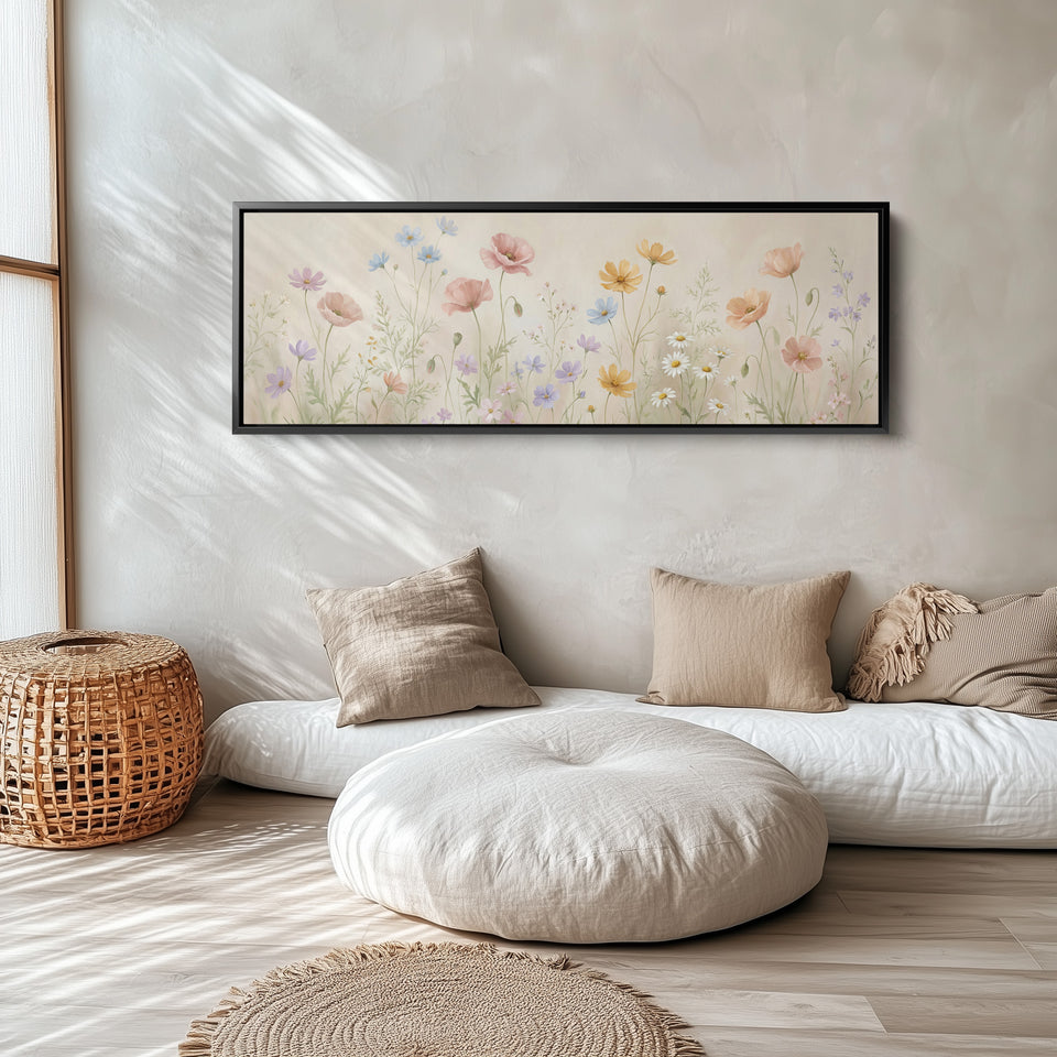 Pastel Wildflowers On Beige Background Large Wall Art Panoramic Canvas Print Bedroom