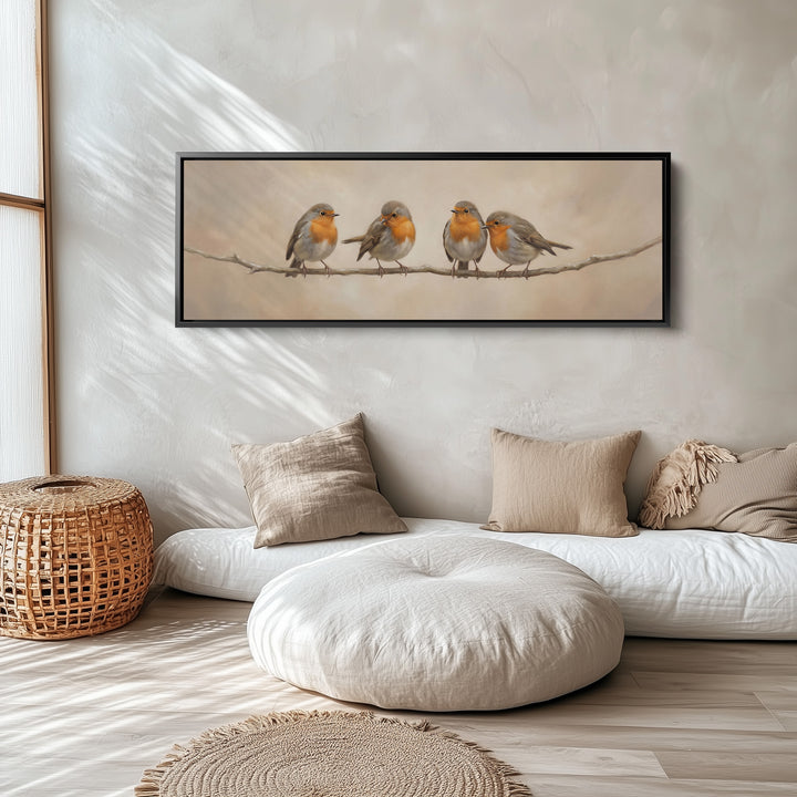 Four Robins On Branch Long Wall Art Panoramic Canvas Print Living Room