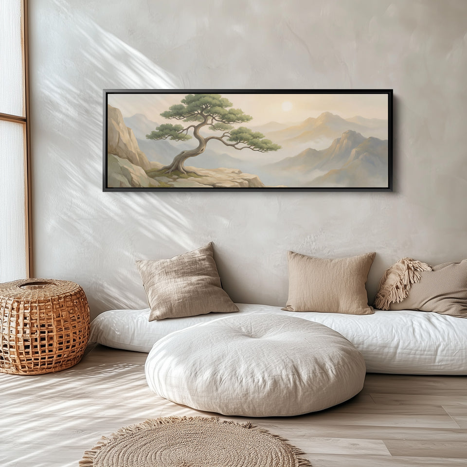 Bonsai Tree On Mountain Cliff Wide Framed Canvas Living Room