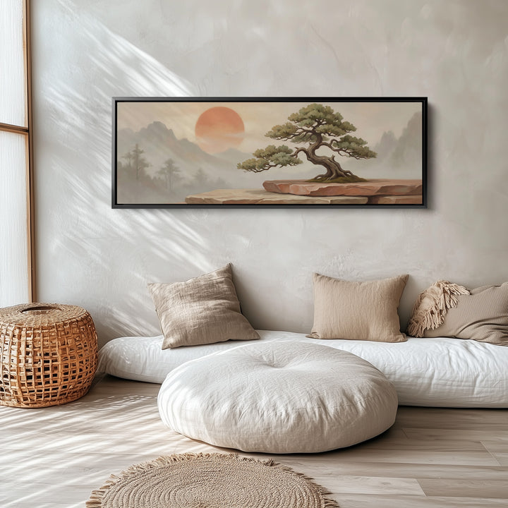 bonsai tree for bedroom Long Wall Art Bonsai Tree With Red Sun Panoramic Canvas Bedroom