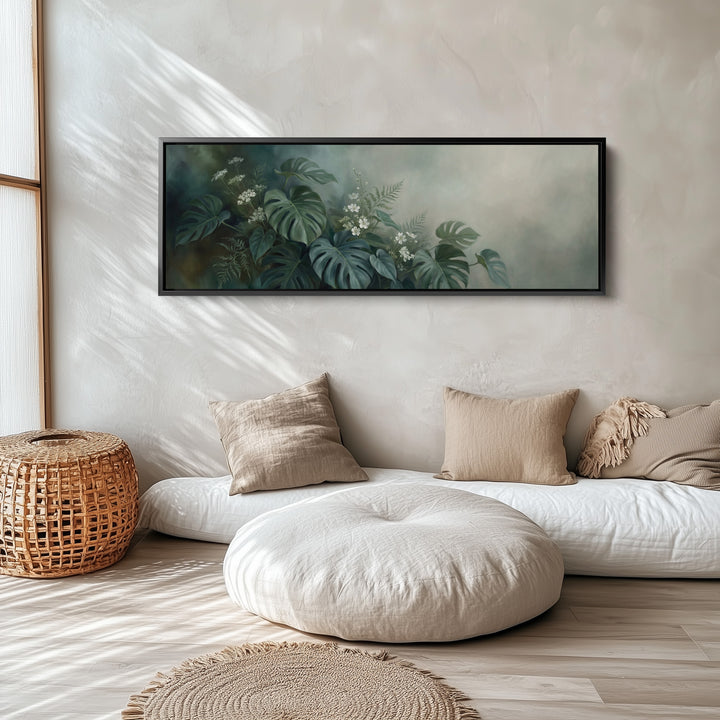 Above Bed Wall Art Tropical Leaves And White Blossoms Panoramic Canvas Print Living Room