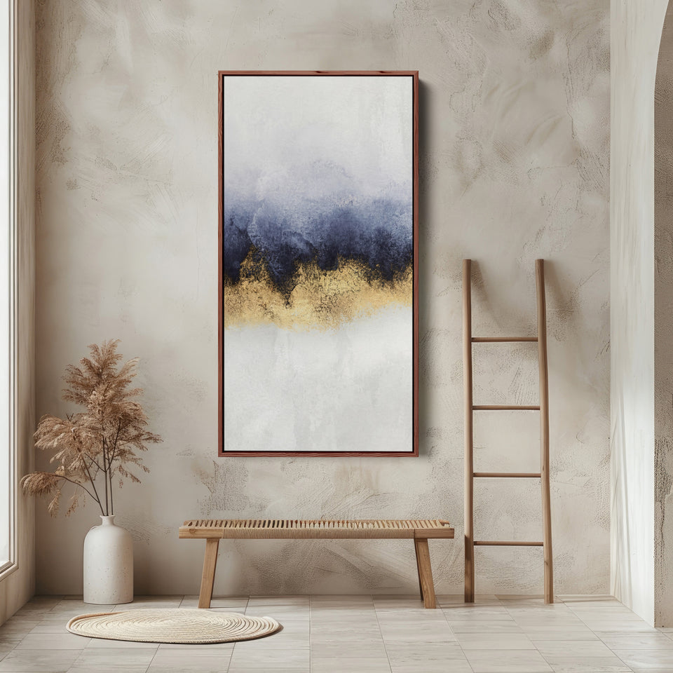 Large Vertical Wall Art Blue Gold Band Tall Canvas For Bedroom