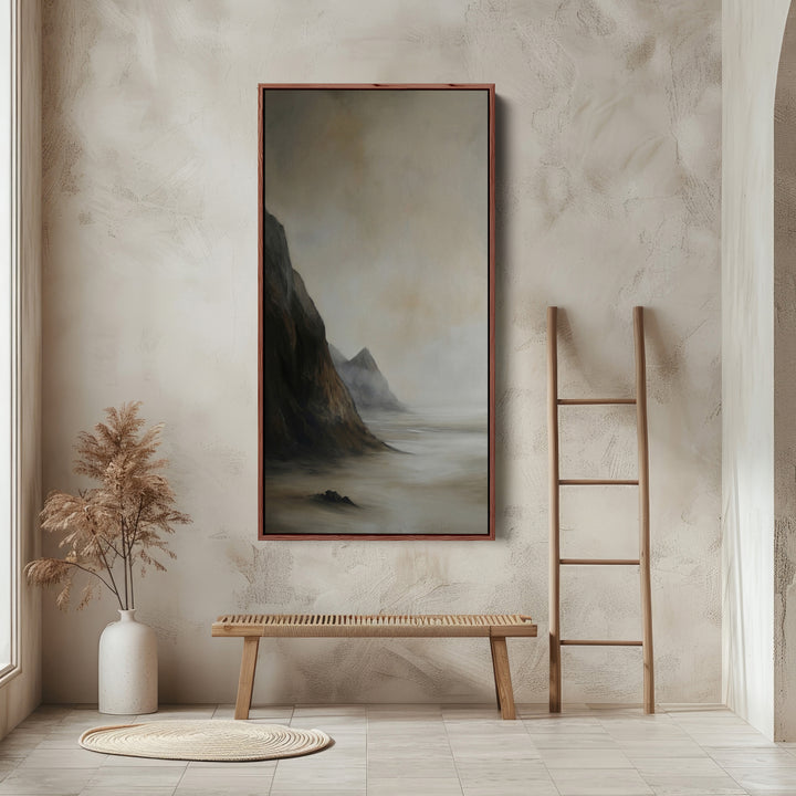 Tall Framed Canvas Misty Coastal Cliffs Vertical Canvas For Hallway