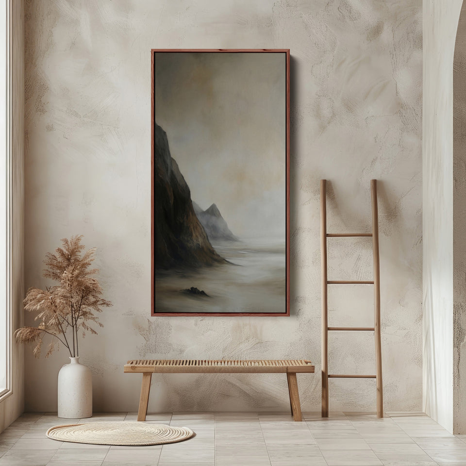 Tall Framed Canvas Misty Coastal Cliffs Vertical Canvas For Hallway