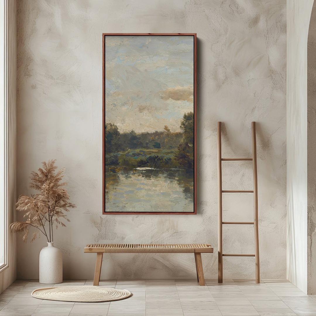 Impressionist River Landscape Vertical Wall Art Tall Canvas For Living Room