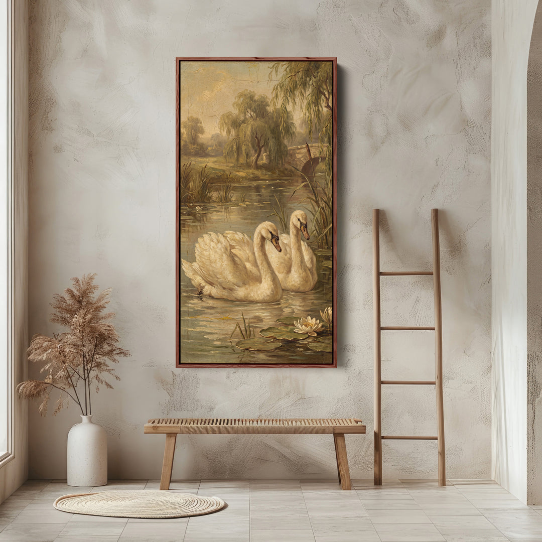 Swans On Pond Tall Wall Art Framed Canvas Print For Bedroom