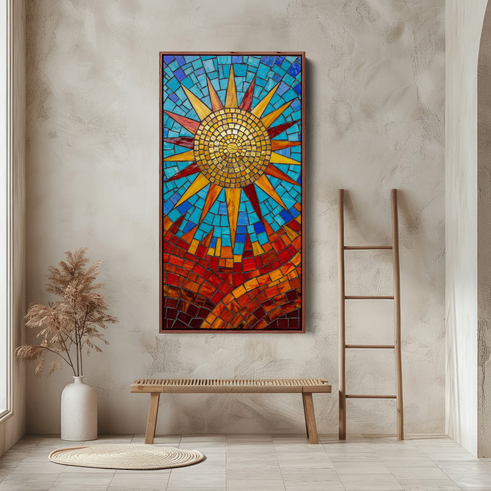 Mosaic Sun Tall Framed Canvas Vertical Canvas For Bedroom