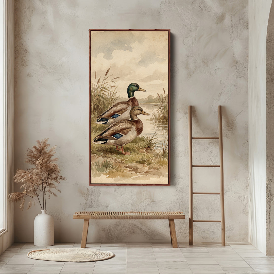 Mallard Ducks Riverbank Narrow Wall Art Vertical Canvas For Kitchen