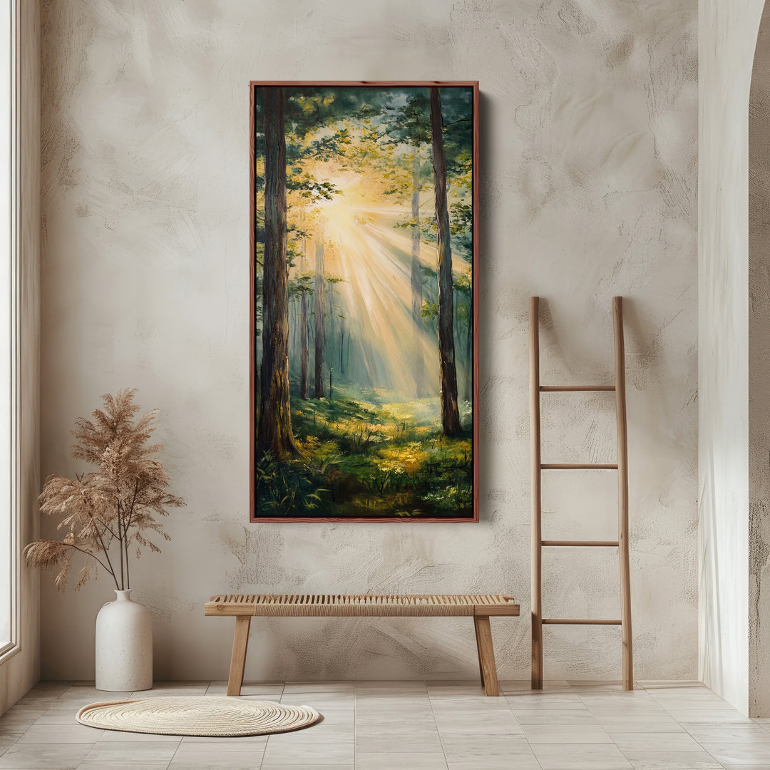 Sunlit Forest Rays Tall Wall Art Vertical Canvas For Bedroom