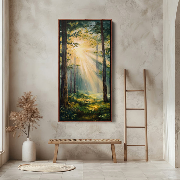 Sunlit Forest Rays Tall Wall Art Vertical Canvas For Bedroom